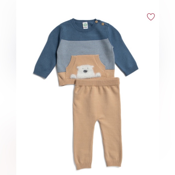 Little Me Polar Bear Blue and Tan Baby Sweater Set 3M - Picture 1 of 2
